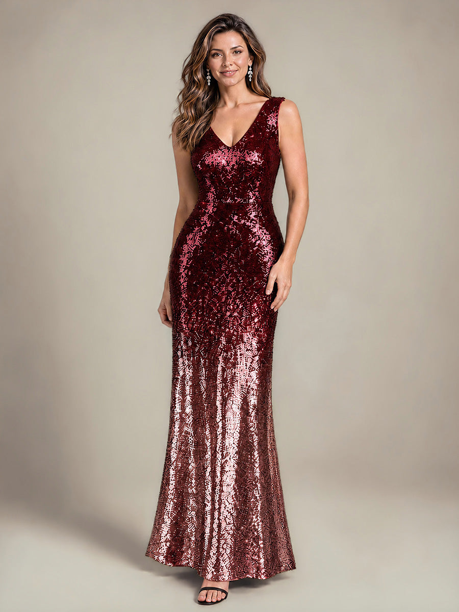 Color=Burgundy Pink|Wholesale Sequins V-Neck Sleeveless Mermaid Evening Dresses-Burgundy Pink