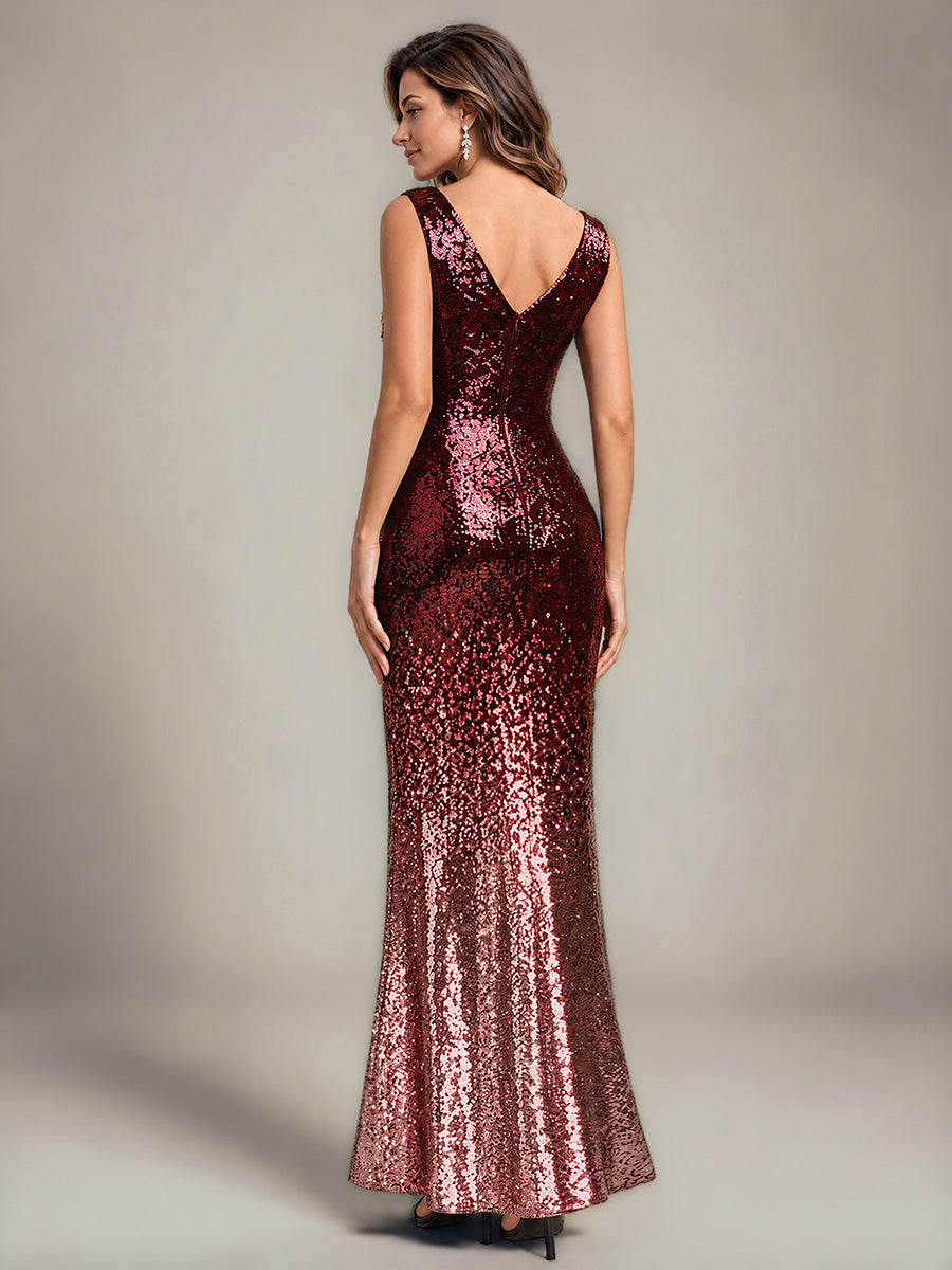 Color=Burgundy Pink|Wholesale Sequins V-Neck Sleeveless Mermaid Evening Dresses-Burgundy Pink 2