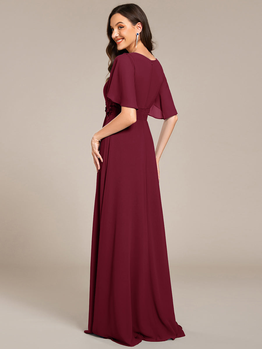 Color=Burgundy | Short Sleeves Pleated Applique A-Line Floor-Length Formal Evening Dress - EE02968-Burgundy 2