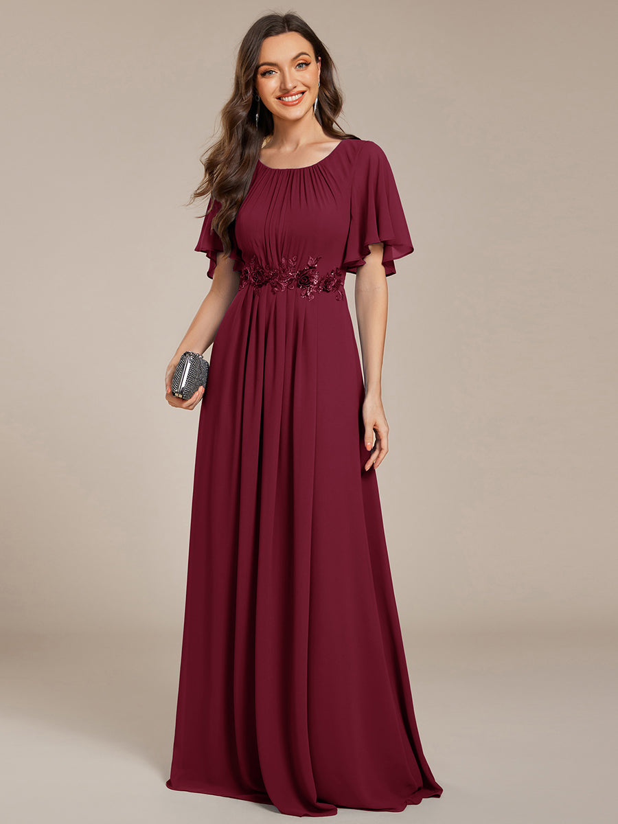 Color=Burgundy | Short Sleeves Pleated Applique A-Line Floor-Length Formal Evening Dress - EE02968-Burgundy 1