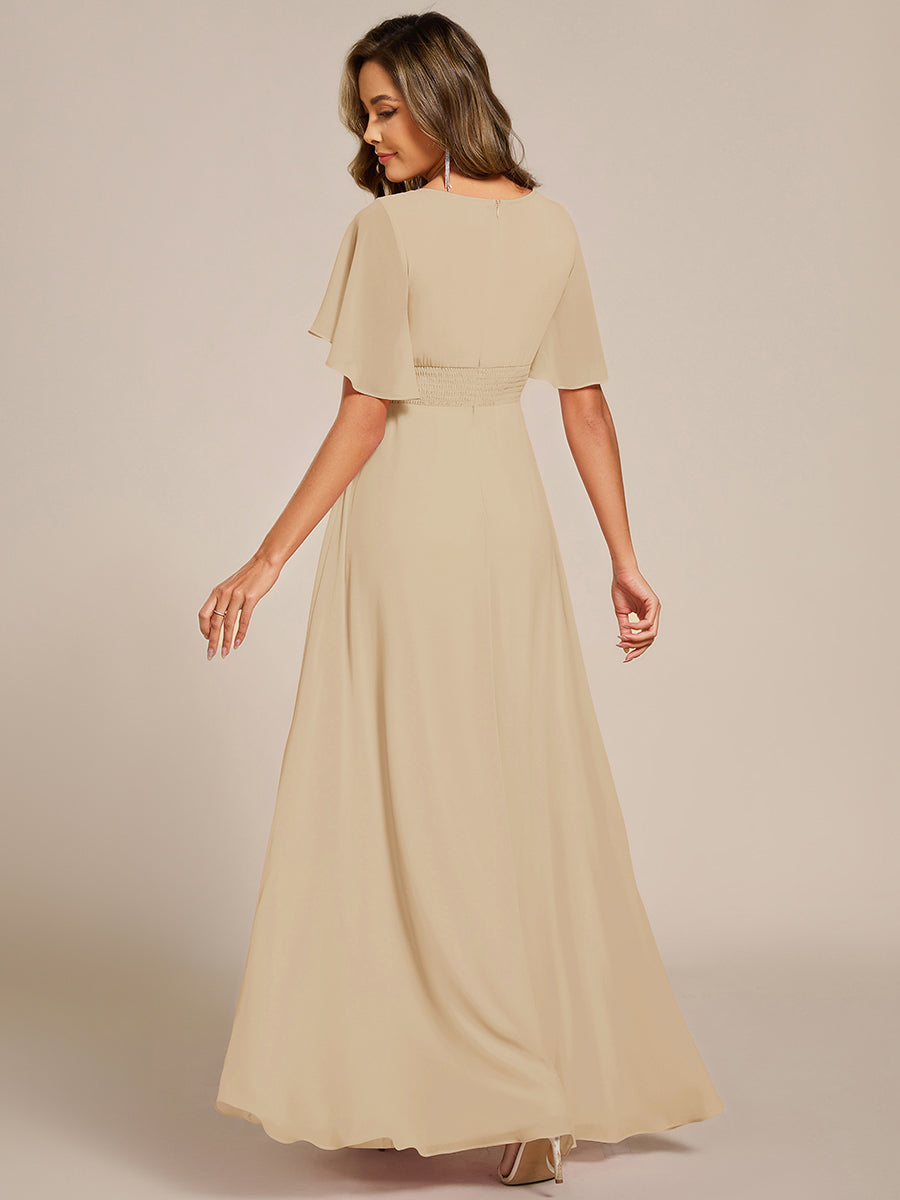 Short Sleeves Pleated Applique A-Line Floor-Length Formal Evening Dress