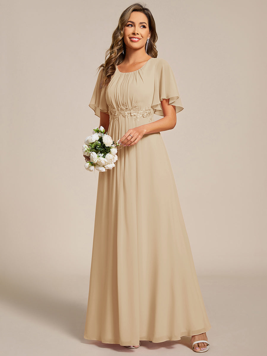 Short Sleeves Pleated Applique A-Line Floor-Length Formal Evening Dress