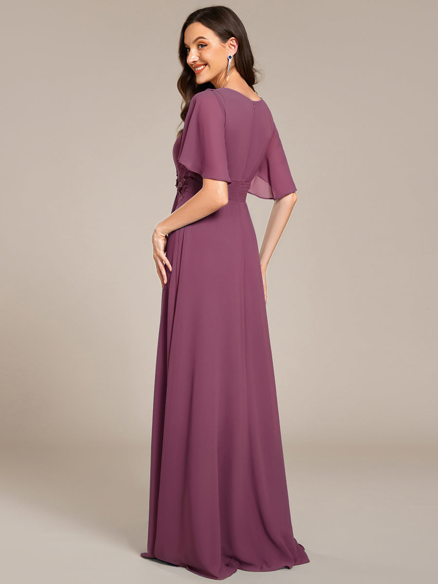 Color=Damson | Volume Discounts Short Sleeve Ruffle Floral Appliques A-Line Floor Length Evening Dresses-Damson 12