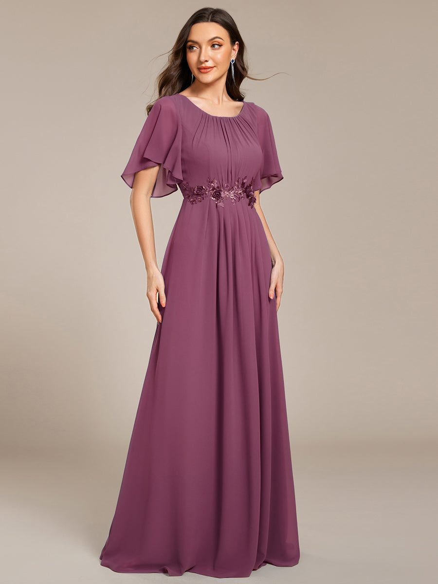 Color=Damson | Volume Discounts Short Sleeve Ruffle Floral Appliques A-Line Floor Length Evening Dresses-Damson 14