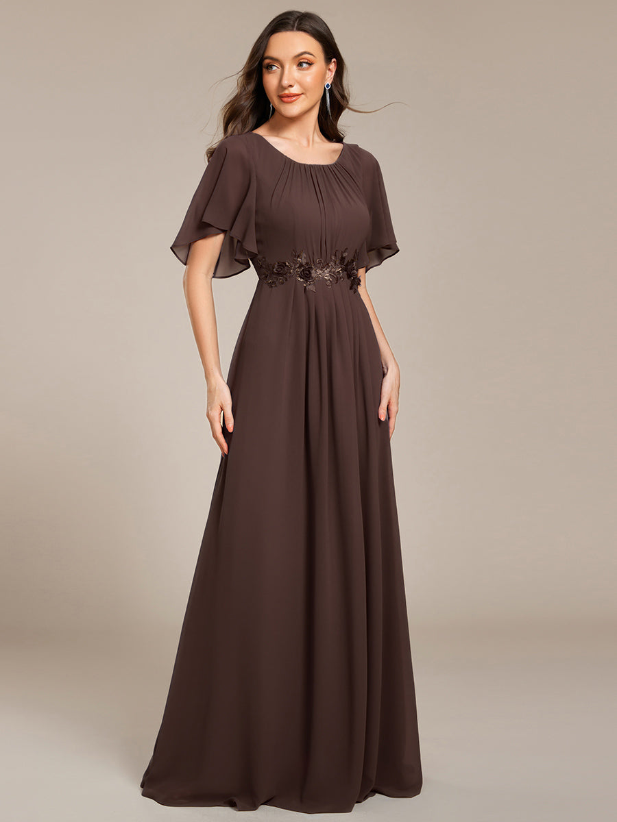 Color=Espresso | Wholesale Pricing Short Sleeve Ruffle Floral Appliques A-Line Floor Length Evening Dresses-Espresso 4