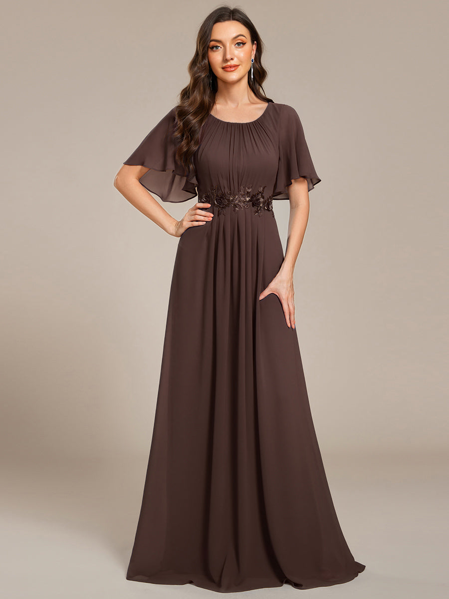 Color=Espresso | Wholesale Pricing Short Sleeve Ruffle Floral Appliques A-Line Floor Length Evening Dresses-Espresso 5