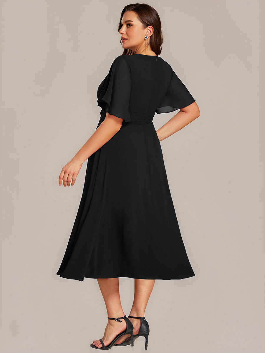 Color=Black | Plus Size Wholesale Short Sleeve Ruffle A-Line Midi Dress with Floral Appliques Evening Dresses-Black 2
