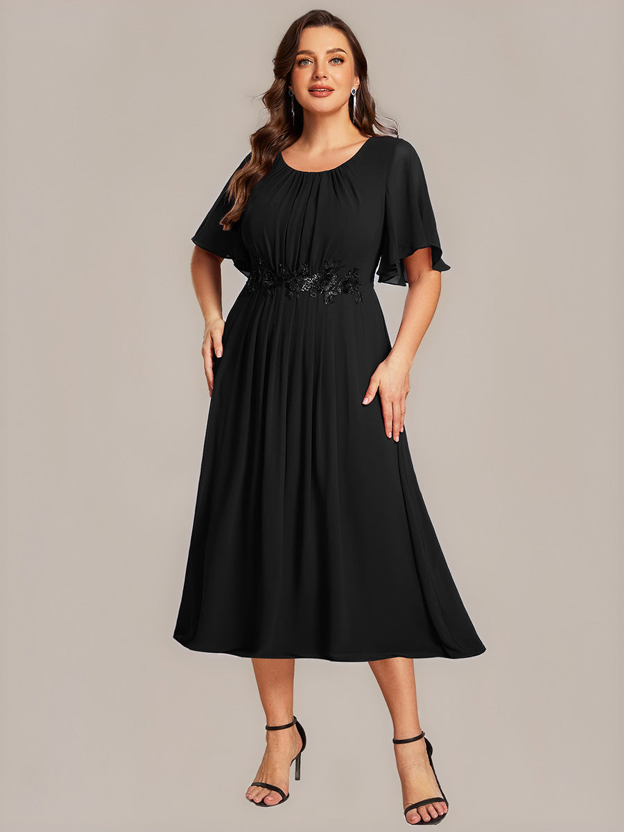 Color=Black | Plus Size Wholesale Short Sleeve Ruffle A-Line Midi Dress with Floral Appliques Evening Dresses-Black 4