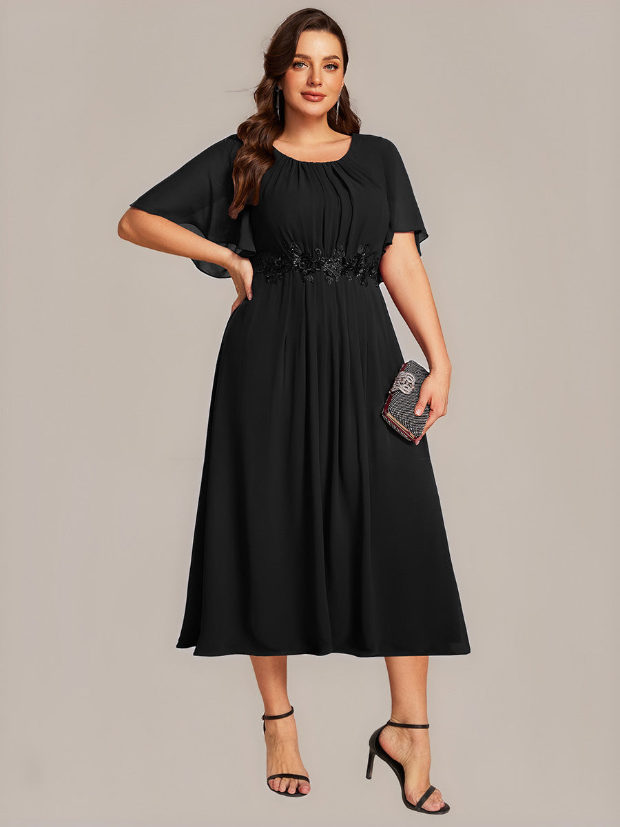 Color=Black | Plus Size Wholesale Short Sleeve Ruffle A-Line Midi Dress with Floral Appliques Evening Dresses-Black 5