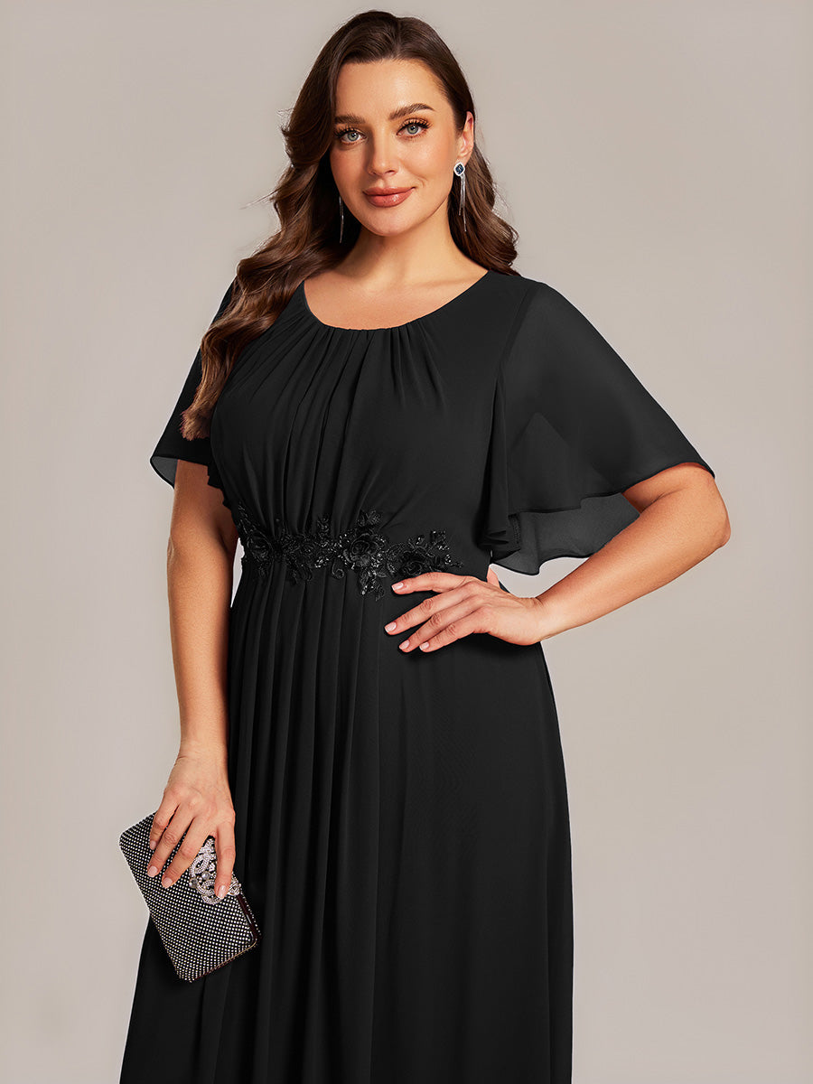 Color=Black | Plus Size Wholesale Short Sleeve Ruffle A-Line Midi Dress with Floral Appliques Evening Dresses-Black 3