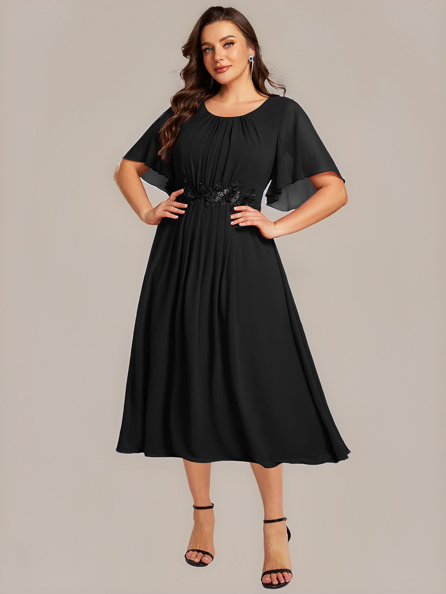 Color=Black | Plus Size Wholesale Short Sleeve Ruffle A-Line Midi Dress with Floral Appliques Evening Dresses-Black 1