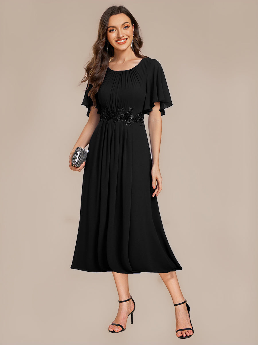 Color=Black | Commercial Wholesale Short Sleeve Ruffle A-Line Midi Dress with Floral Appliques Evening Dresses-Black 1