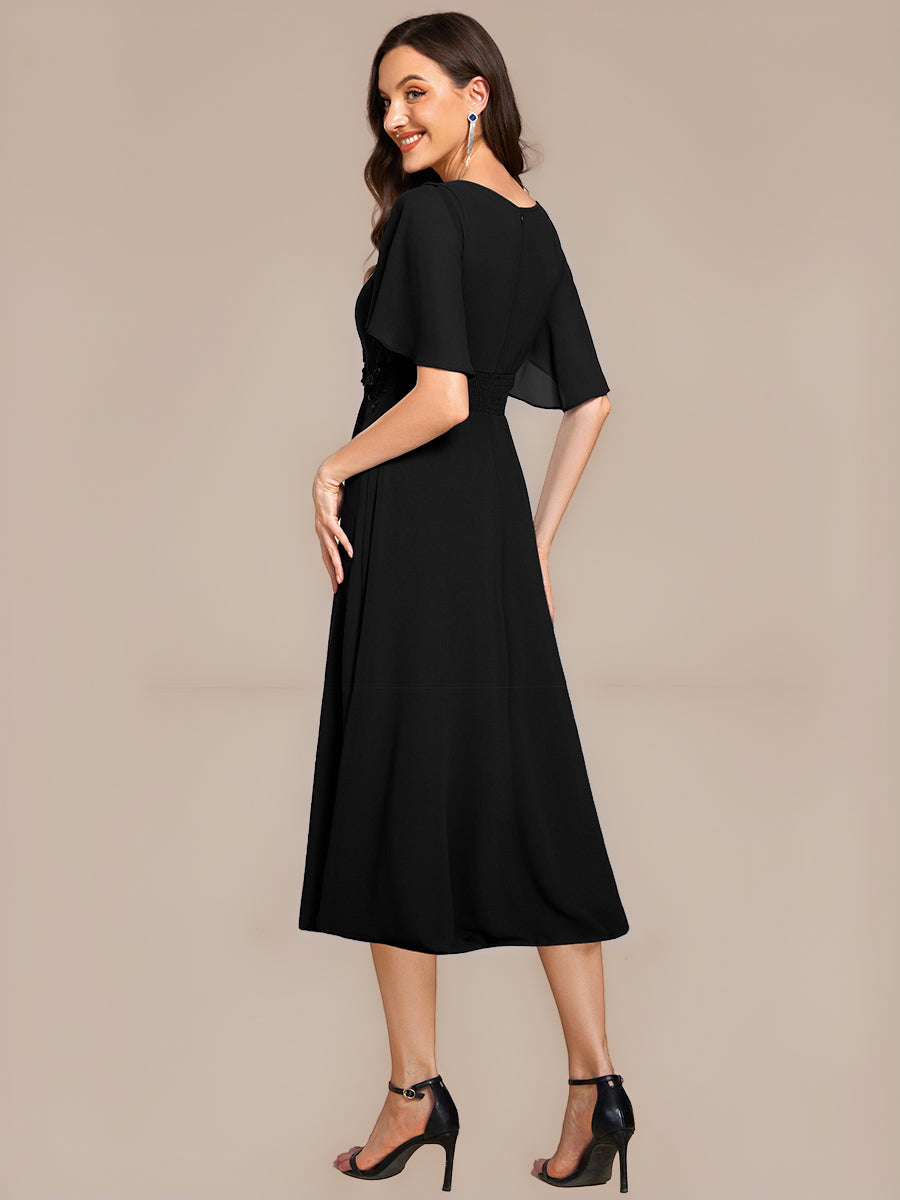 Color=Black | Commercial Wholesale Short Sleeve Ruffle A-Line Midi Dress with Floral Appliques Evening Dresses-Black 2