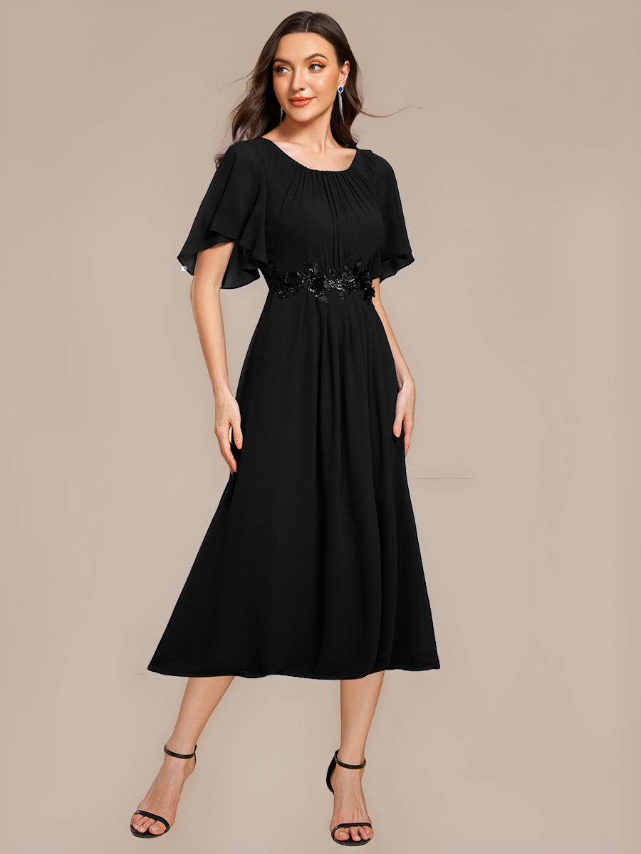 Color=Black | Commercial Wholesale Short Sleeve Ruffle A-Line Midi Dress with Floral Appliques Evening Dresses-Black 4