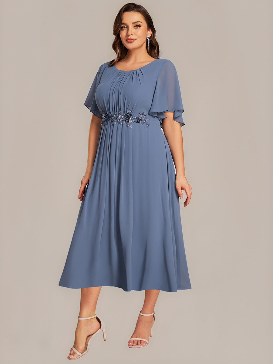 Color=Dusty Blue | Plus Size Wholesale Short Sleeve Ruffle A-Line Midi Dress with Floral Appliques Evening Dresses-Dusty Blue 10
