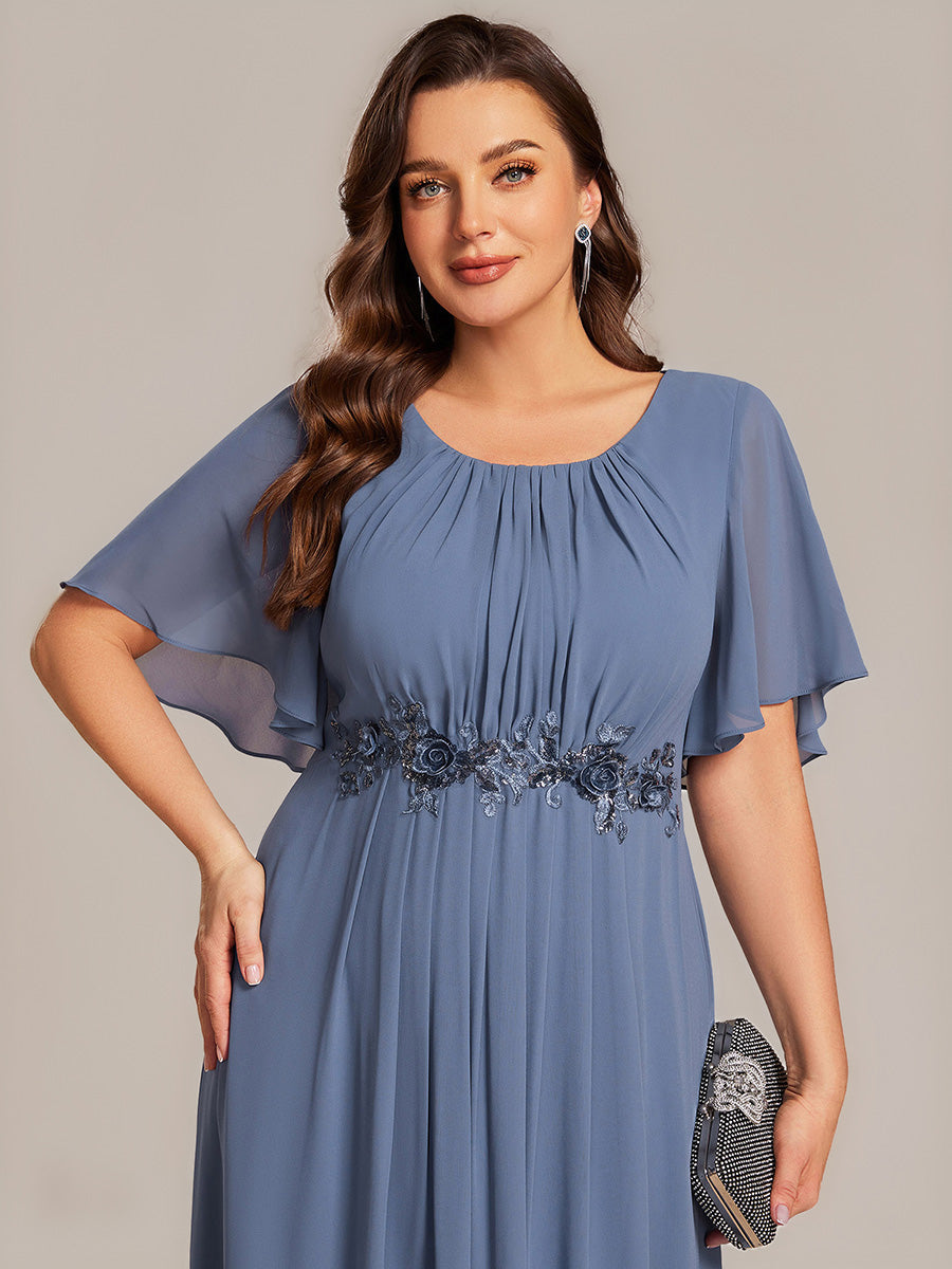 Color=Dusty Blue | Plus Size Wholesale Short Sleeve Ruffle A-Line Midi Dress with Floral Appliques Evening Dresses-Dusty Blue 8