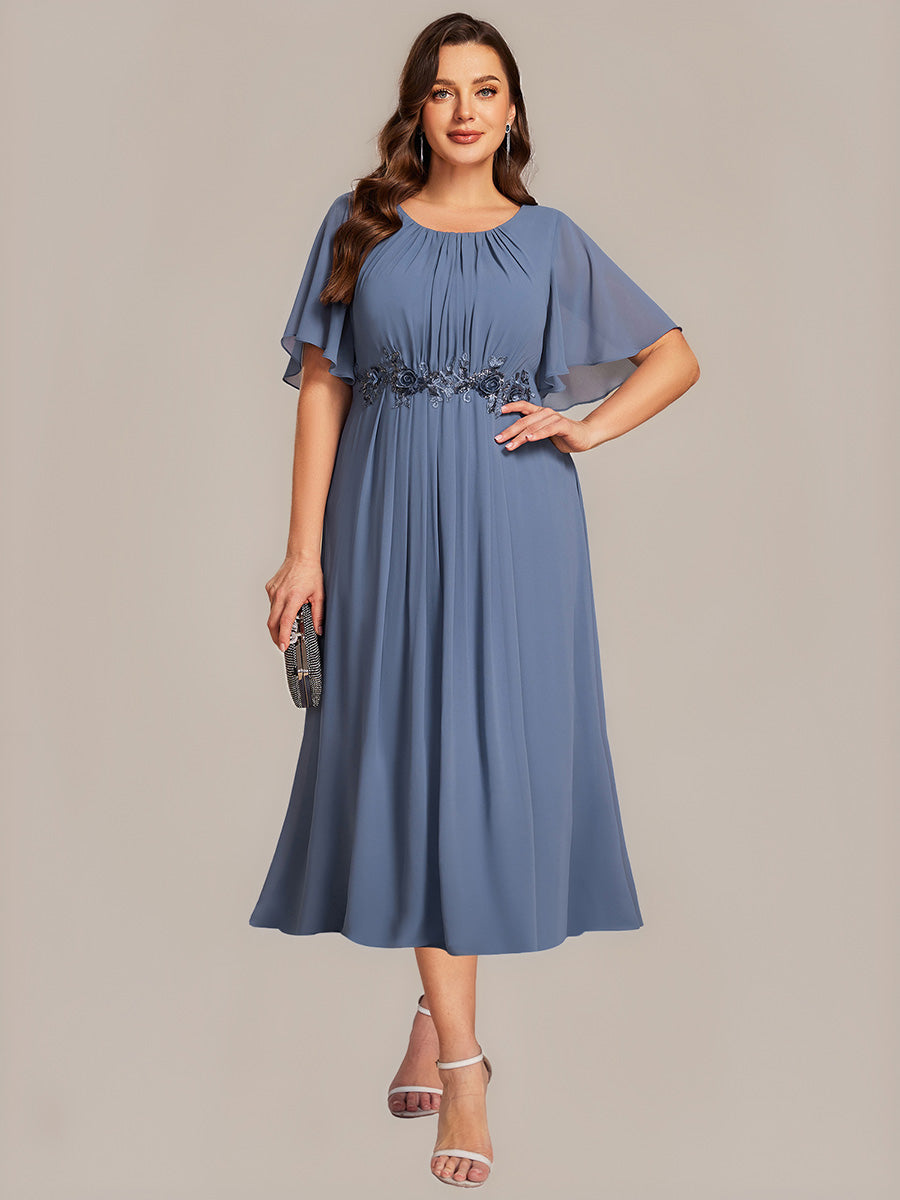 Color=Dusty Blue | Plus Size Wholesale Short Sleeve Ruffle A-Line Midi Dress with Floral Appliques Evening Dresses-Dusty Blue 6