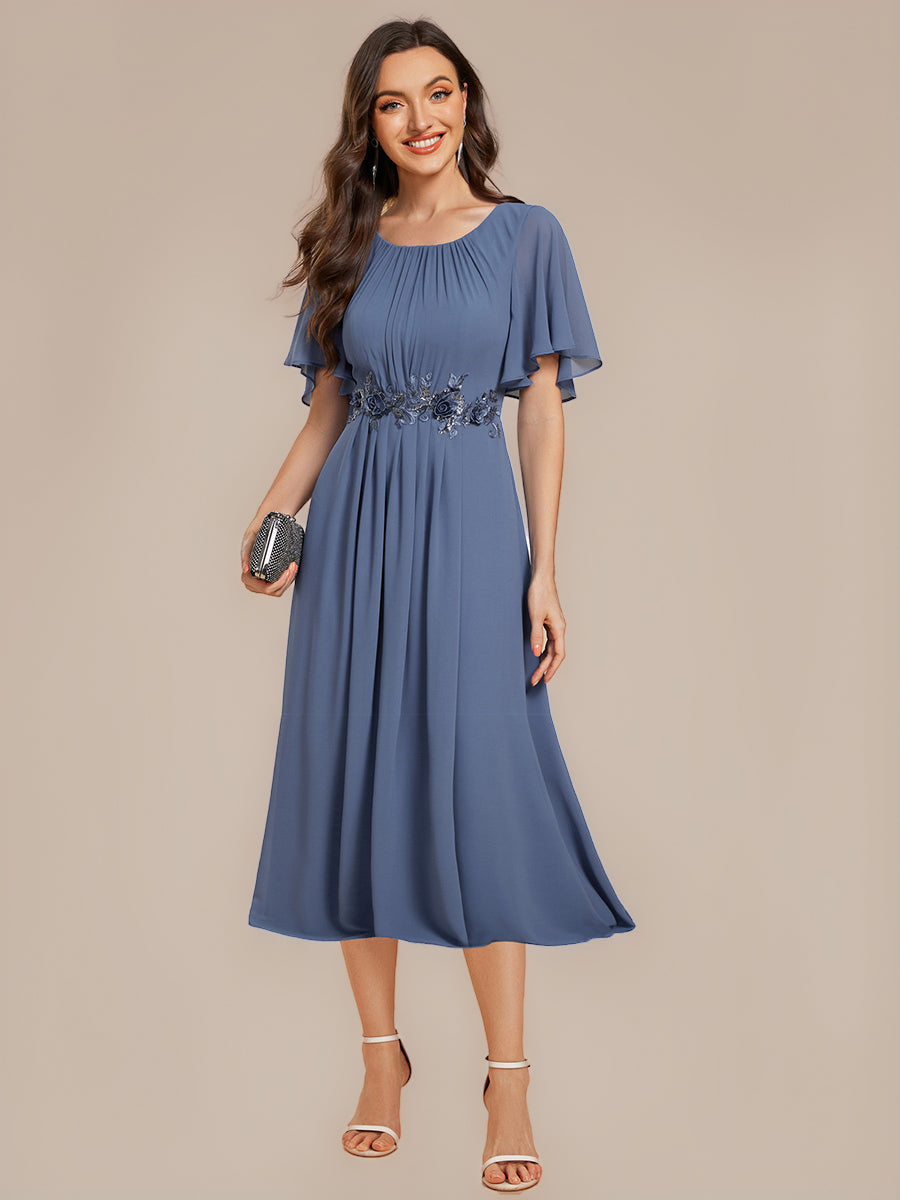 Color=Dusty Blue | Commercial Wholesale Short Sleeve Ruffle A-Line Midi Dress with Floral Appliques Evening Dresses-Dusty Blue 11