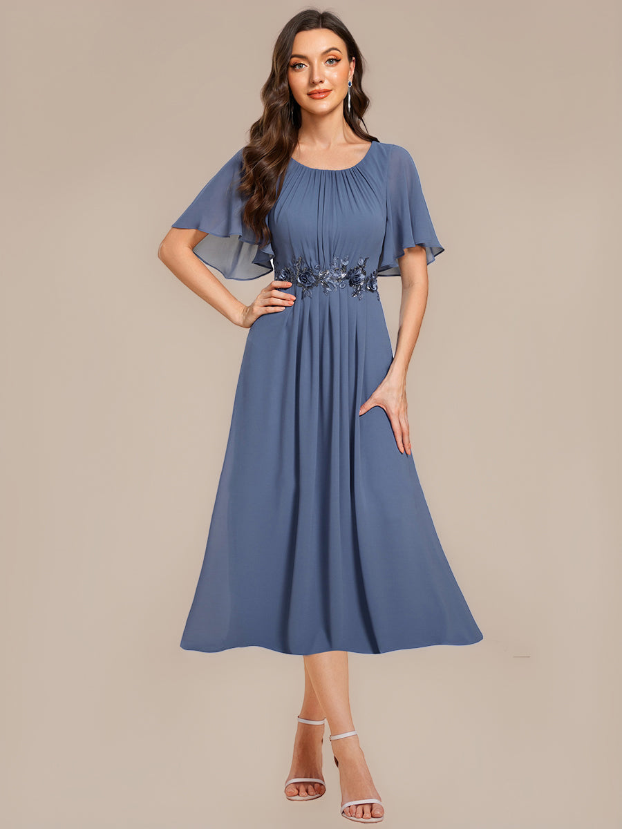 Color=Dusty Blue | Commercial Wholesale Short Sleeve Ruffle A-Line Midi Dress with Floral Appliques Evening Dresses-Dusty Blue 15