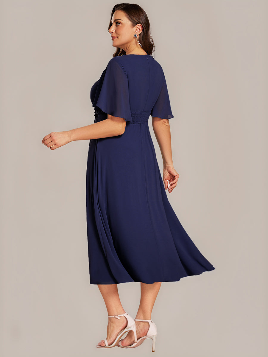 Color=Navy Blue | Fast Delivery Short Sleeve Ruffle A-Line Midi Dress with Floral Appliques Evening Dresses-Navy Blue 7