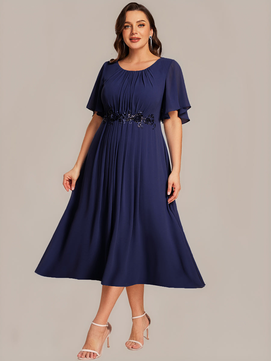 Color=Navy Blue | Fast Delivery Short Sleeve Ruffle A-Line Midi Dress with Floral Appliques Evening Dresses-Navy Blue 9