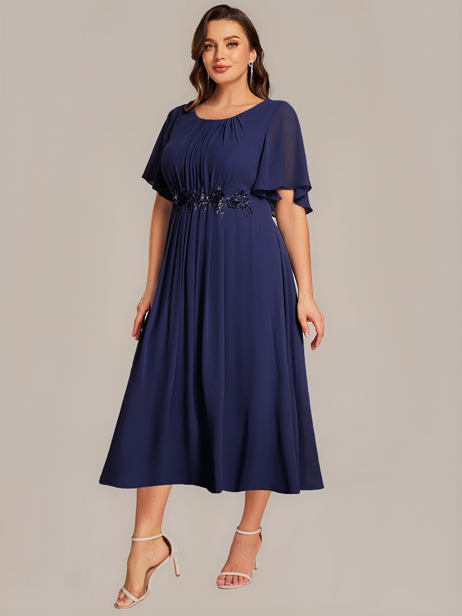 Color=Navy Blue | Fast Delivery Short Sleeve Ruffle A-Line Midi Dress with Floral Appliques Evening Dresses-Navy Blue 10