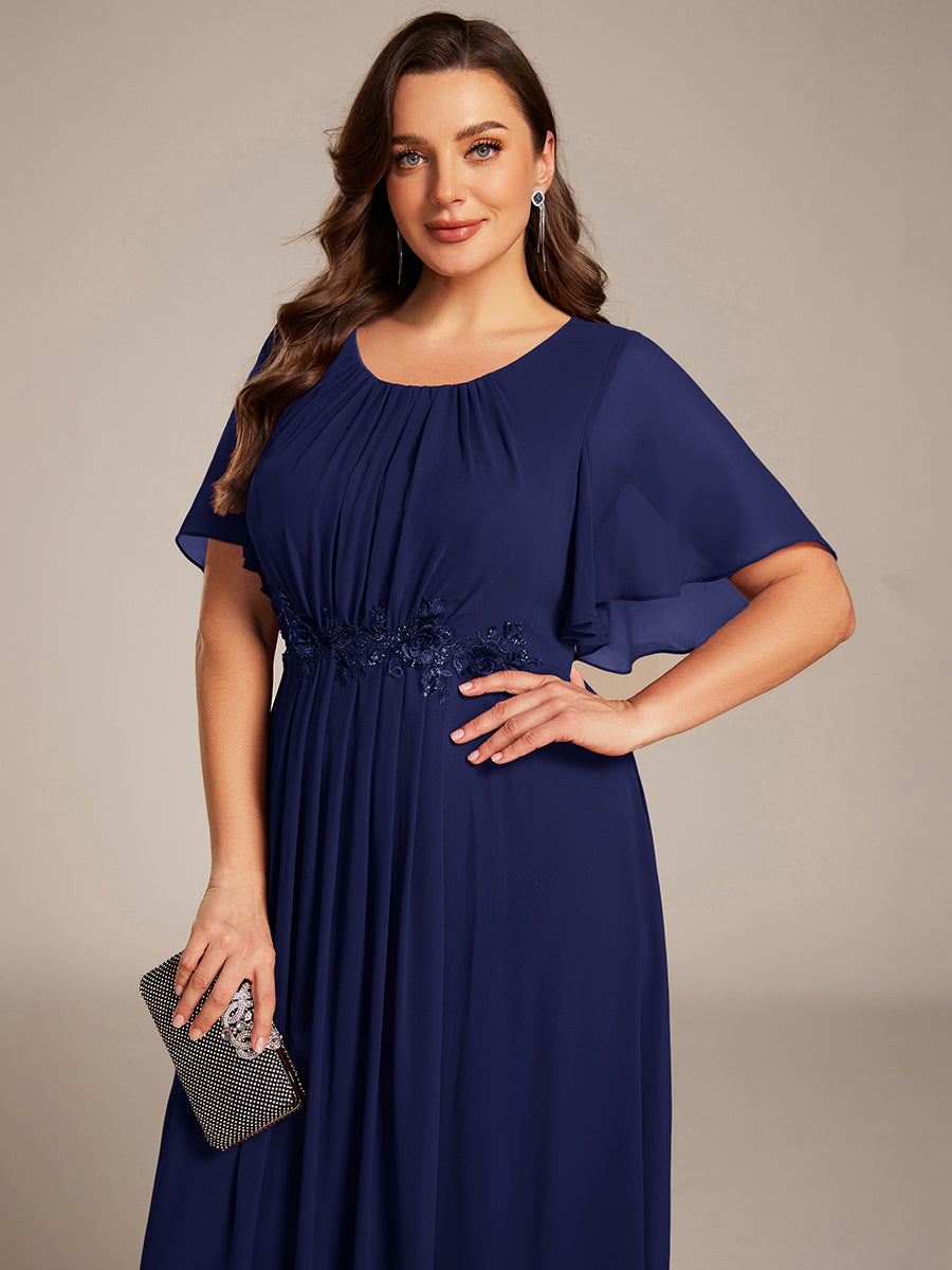 Color=Navy Blue | Fast Delivery Short Sleeve Ruffle A-Line Midi Dress with Floral Appliques Evening Dresses-Navy Blue 8