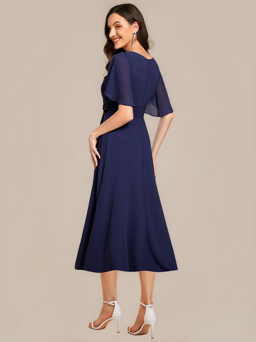 Color=Navy Blue | Fast Delivery Short Sleeve Ruffle A-Line Midi Dress with Floral Appliques Evening Dresses-Navy Blue 2