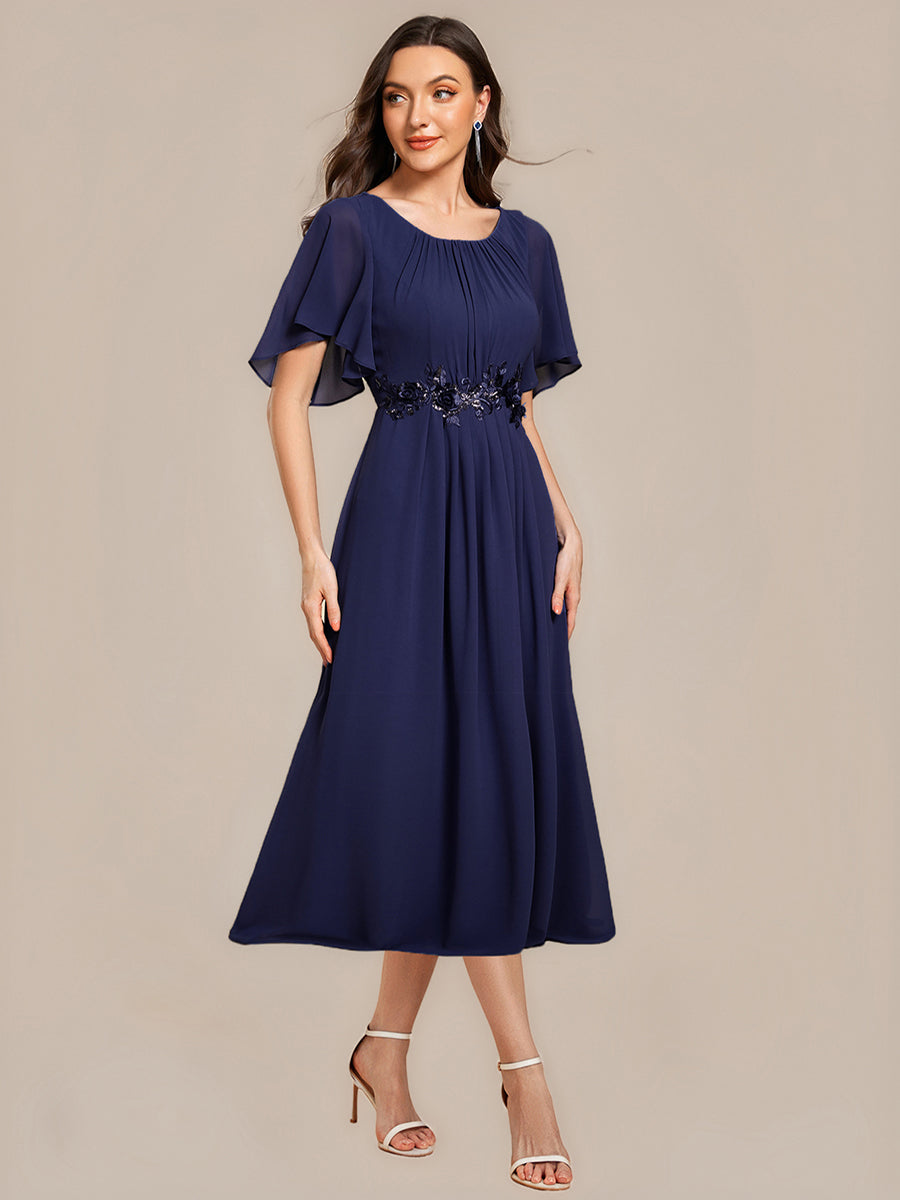 Color=Navy Blue | Fast Delivery Short Sleeve Ruffle A-Line Midi Dress with Floral Appliques Evening Dresses-Navy Blue 4