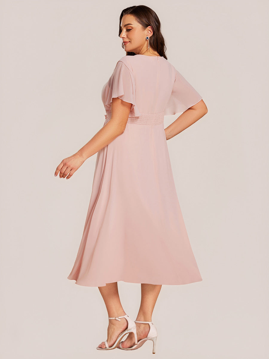 Color=Pink | Plus Size Wholesale Short Sleeve Ruffle A-Line Midi Dress with Floral Appliques Evening Dresses-Pink 12