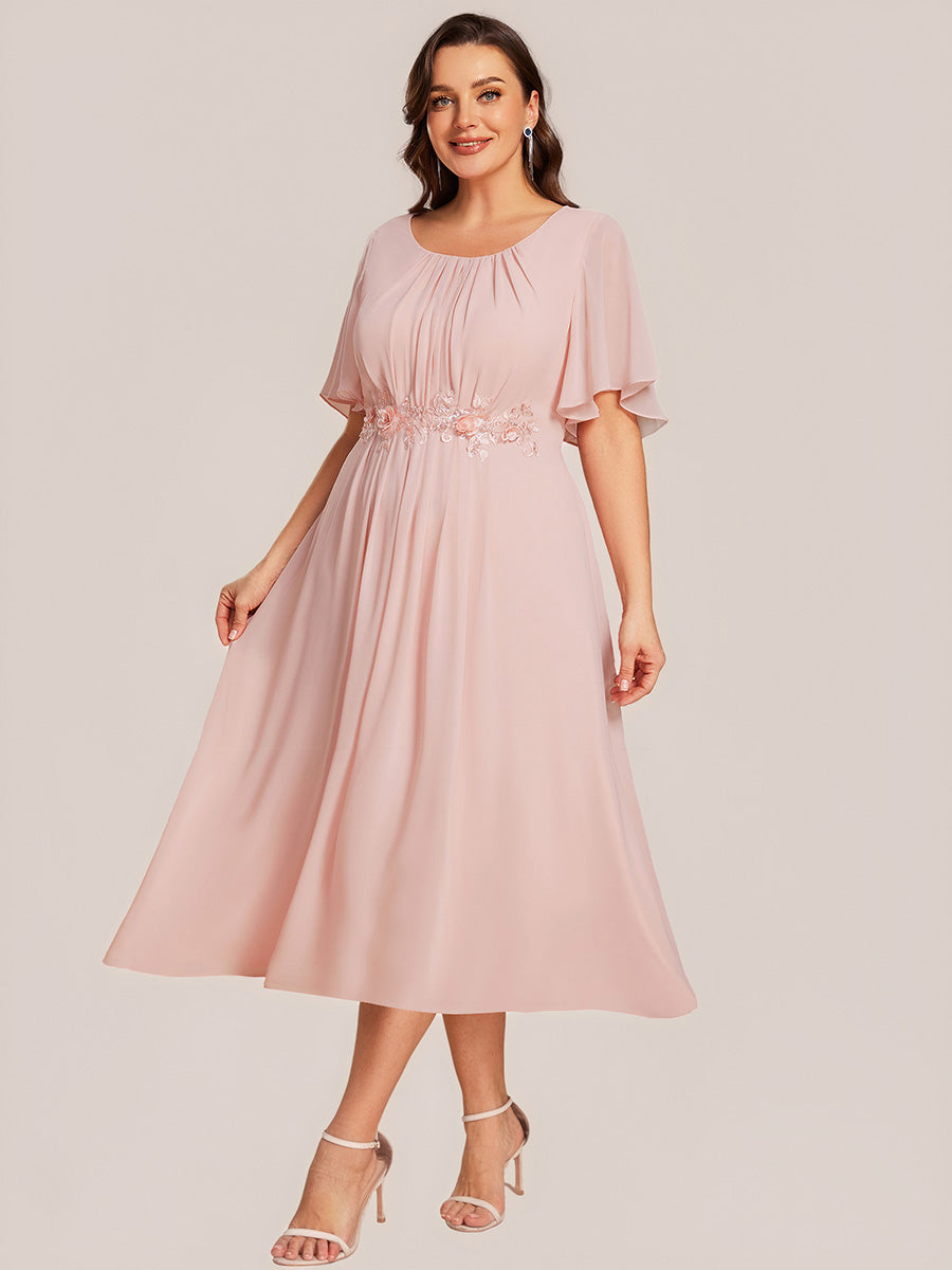 Color=Pink | Plus Size Wholesale Short Sleeve Ruffle A-Line Midi Dress with Floral Appliques Evening Dresses-Pink 14