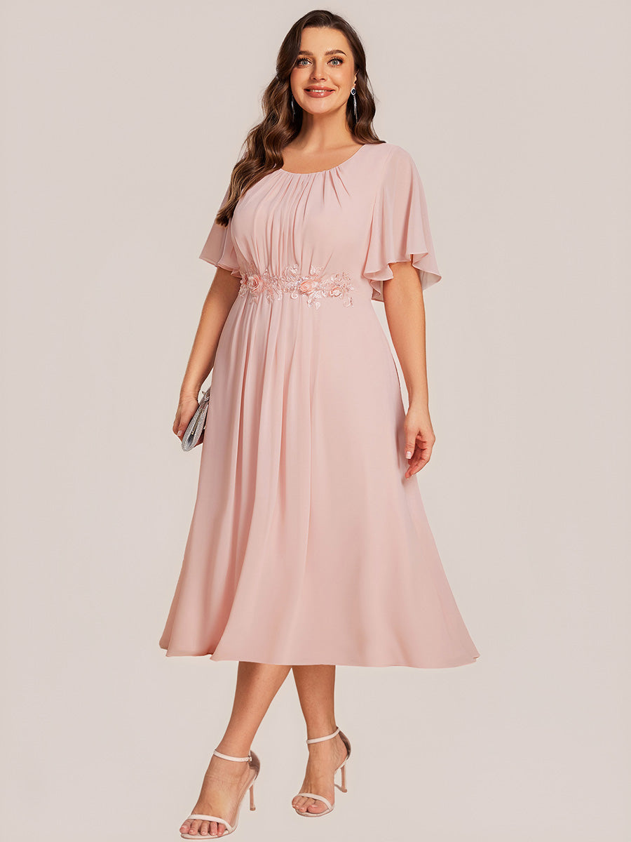 Color=Pink | Plus Size Wholesale Short Sleeve Ruffle A-Line Midi Dress with Floral Appliques Evening Dresses-Pink 15