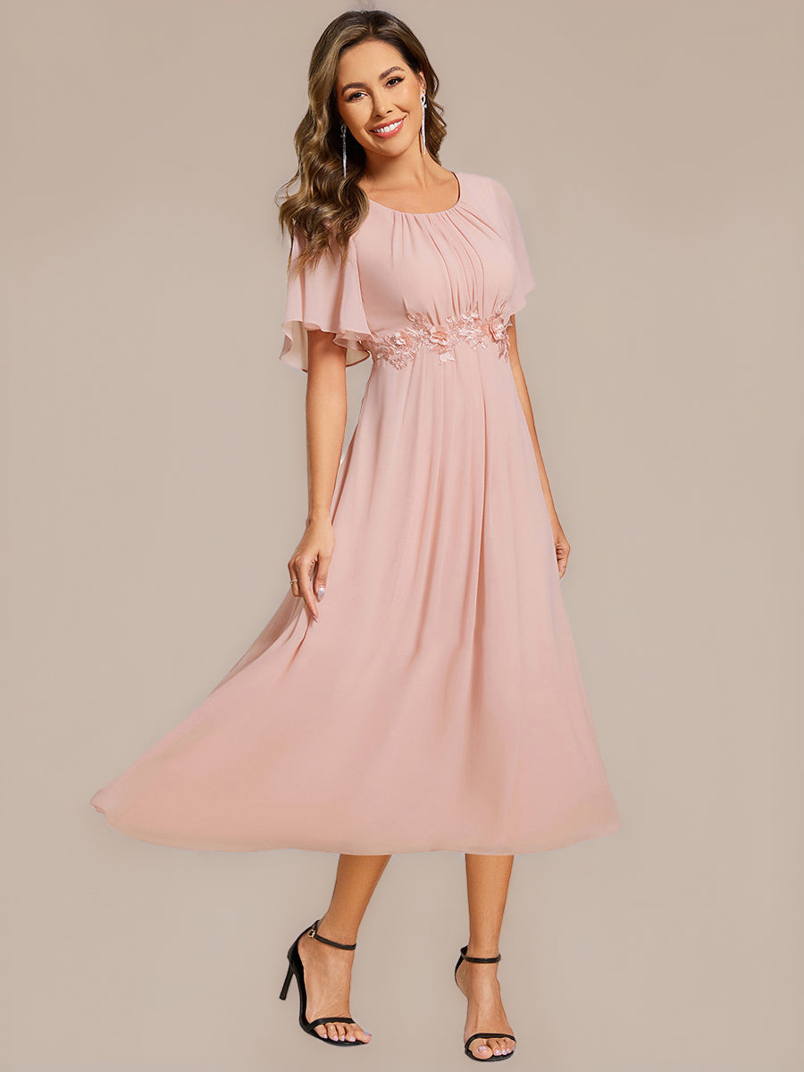 Color=Pink | Commercial Wholesale Short Sleeve Ruffle A-Line Midi Dress with Floral Appliques Evening Dresses-Pink 21