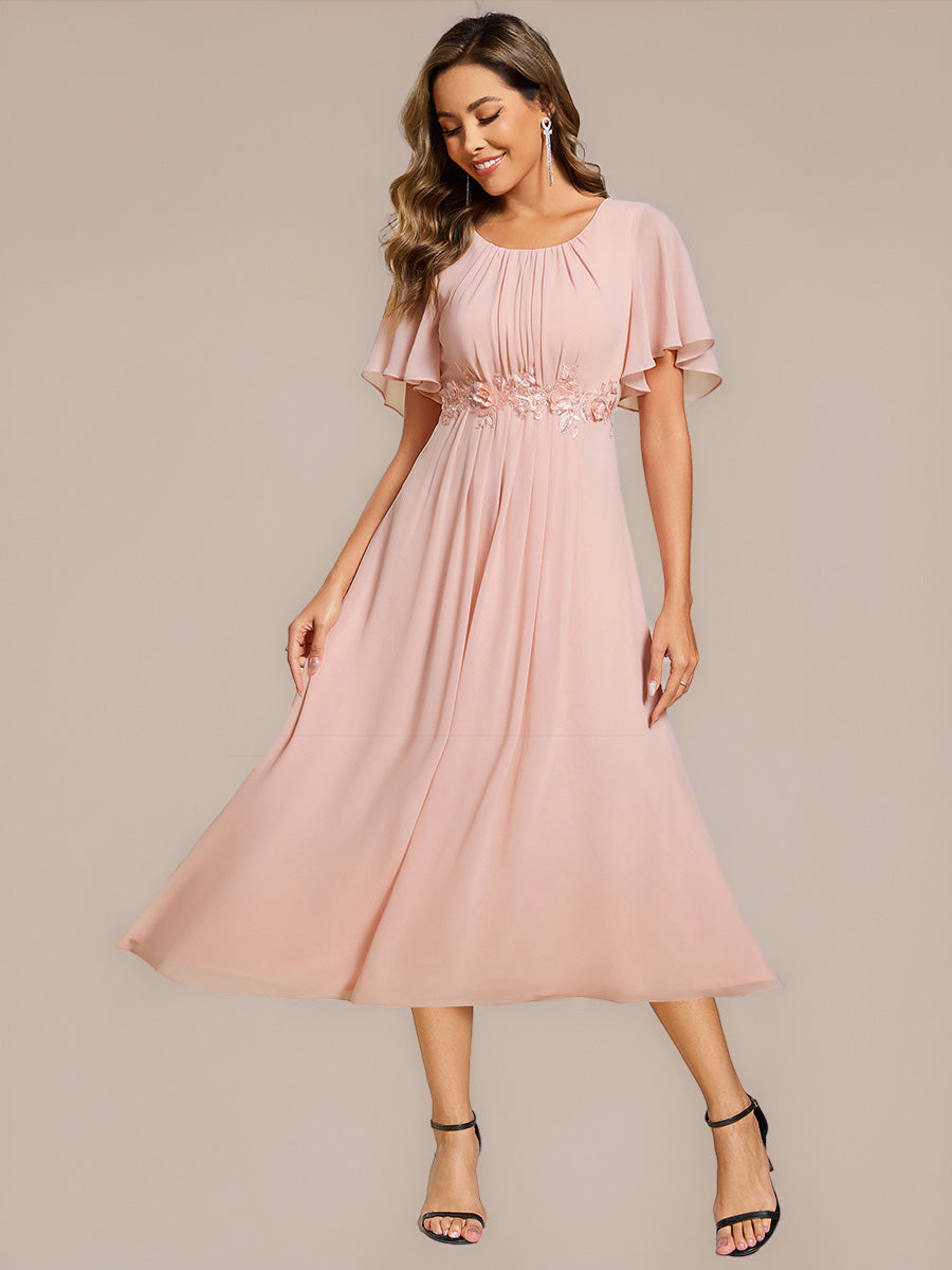 Color=Pink | Commercial Wholesale Short Sleeve Ruffle A-Line Midi Dress with Floral Appliques Evening Dresses-Pink 24
