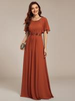 Color=Burnt Orange | Short Sleeves Pleated Applique A-Line Floor-Length Formal Evening Dress - EE02968-Burnt Orange 1