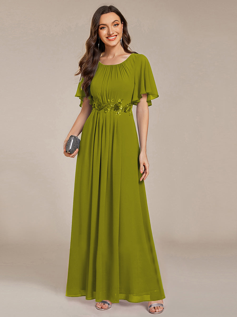 Color=Citron | Short Sleeves Pleated Applique A-Line Floor-Length Formal Evening Dress - EE02968-Citron 1