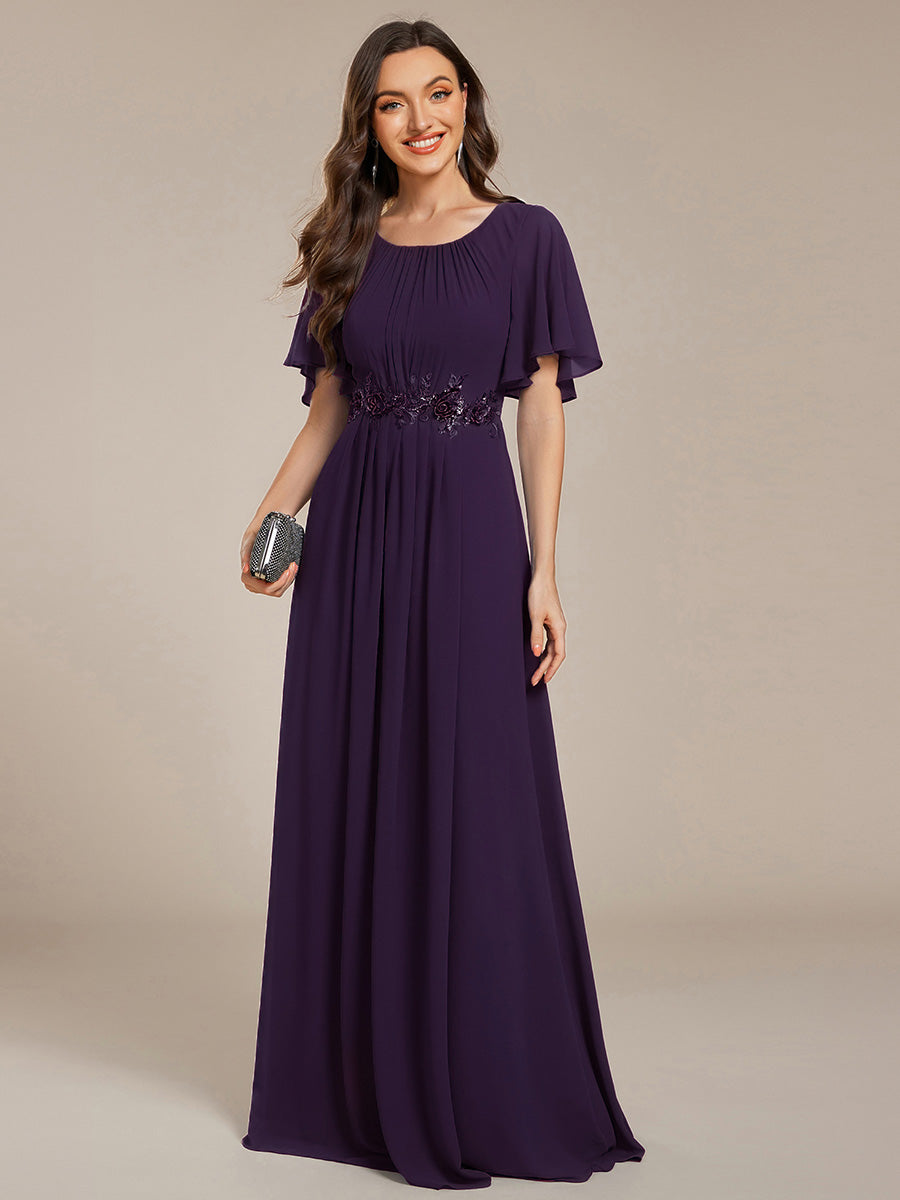 Color=Dark Purple | Short Sleeves Pleated Applique A-Line Floor-Length Formal Evening Dress - EE02968-Dark Purple 1