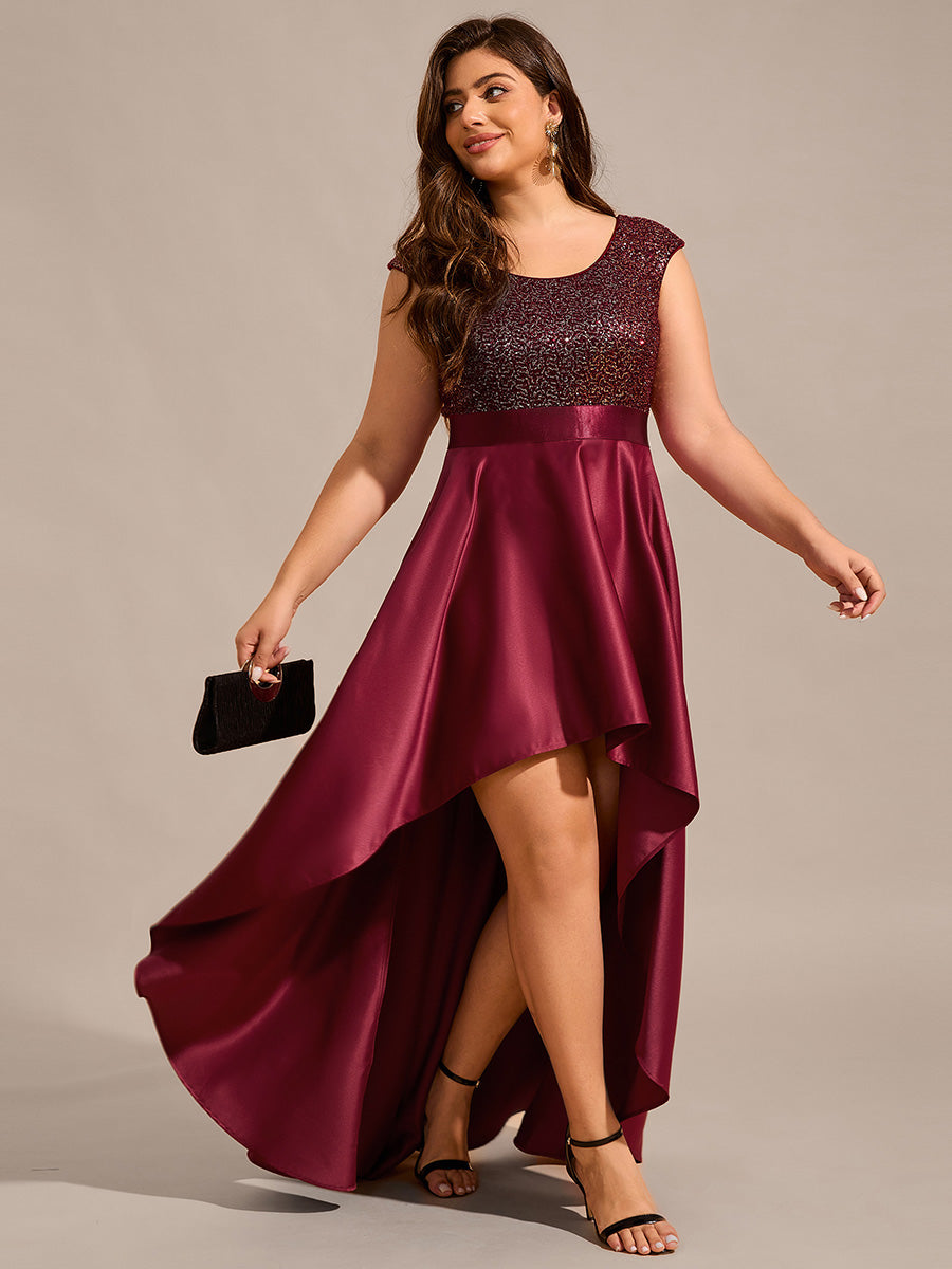 Color=Burgundy | Plus Size Elegant Round Neck Asymmetrical Hem Sequin Contrast Satin Dresses with Raglan Sleeves-Burgundy 3