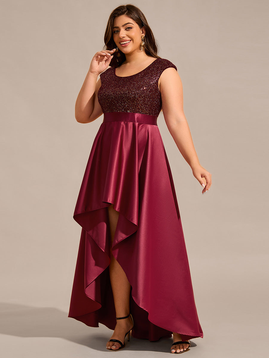 Color=Burgundy | Plus Size Elegant Round Neck Asymmetrical Hem Sequin Contrast Satin Dresses with Raglan Sleeves-Burgundy 4