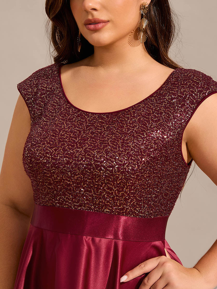 Color=Burgundy | Plus Size Elegant Round Neck Asymmetrical Hem Sequin Contrast Satin Dresses with Raglan Sleeves-Burgundy 5
