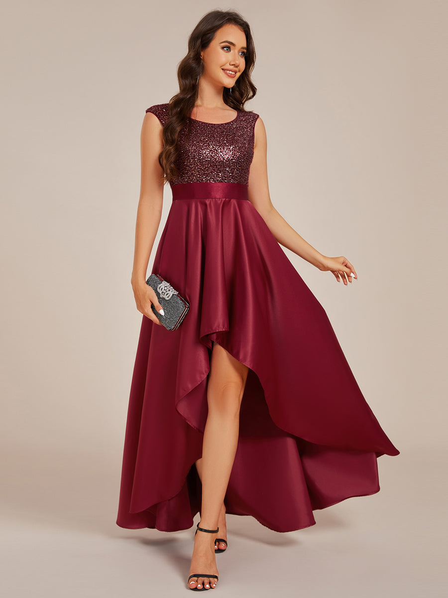 Color=Burgundy | Elegant Round Neck Asymmetrical Hem Sequin Contrast Satin Dresses with Raglan Sleeves-Burgundy 1