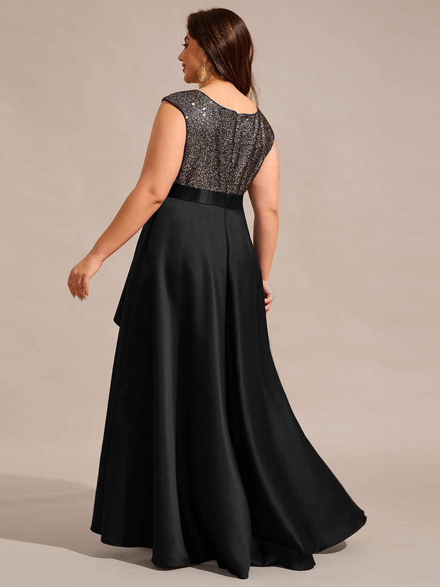 Color=Black | Plus Size Elegant Round Neck Asymmetrical Hem Sequin Contrast Satin Dresses with Raglan Sleeves-Black 7