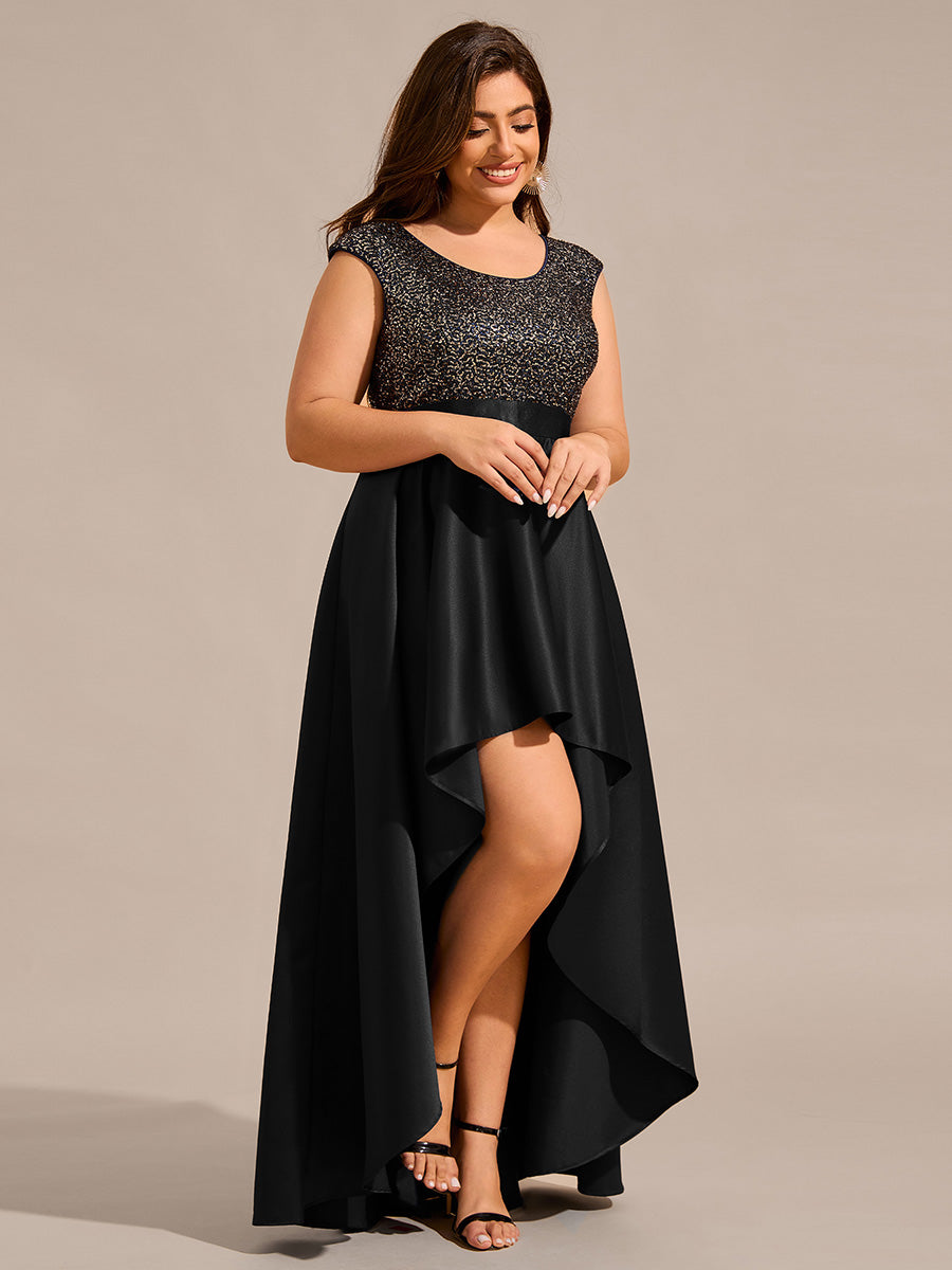 Color=Black | Plus Size Elegant Round Neck Asymmetrical Hem Sequin Contrast Satin Dresses with Raglan Sleeves-Black 8