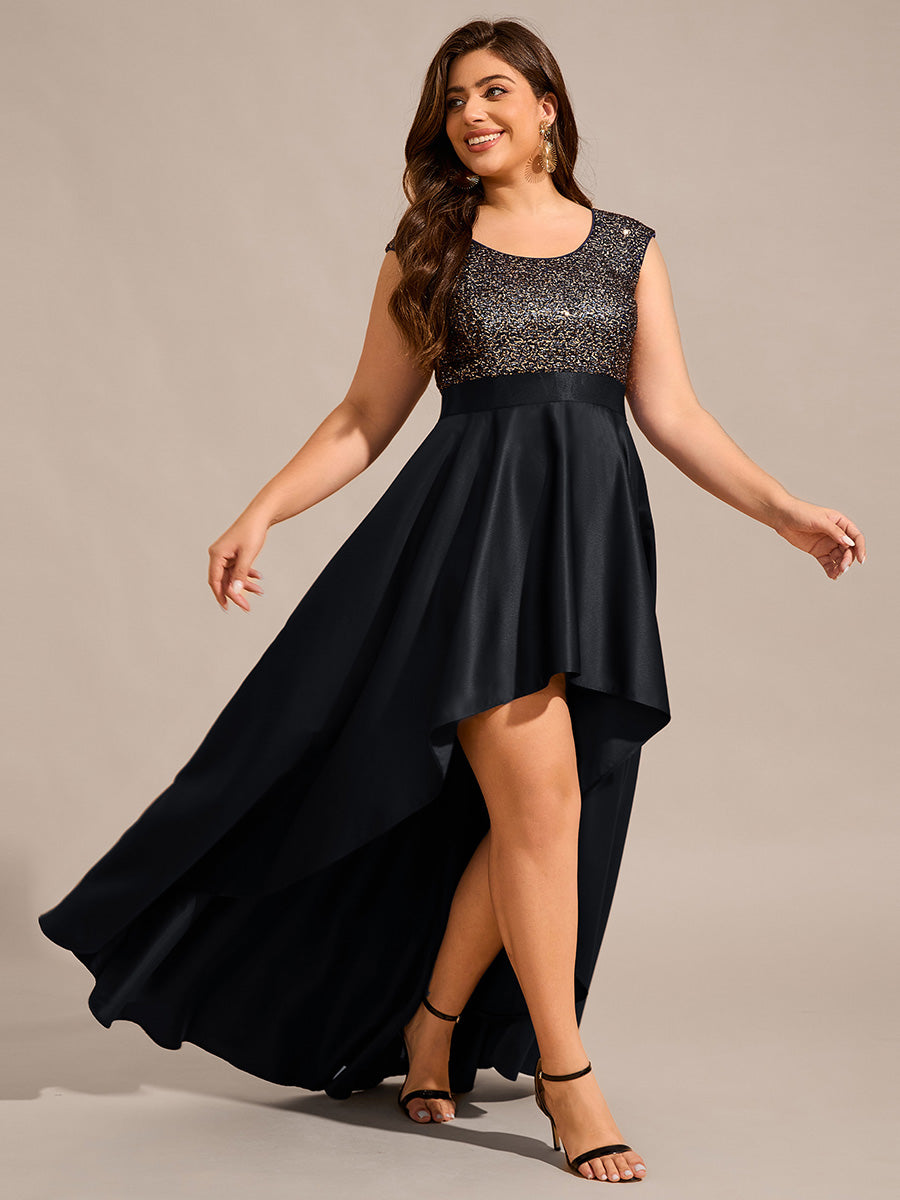 Color=Black | Plus Size Elegant Round Neck Asymmetrical Hem Sequin Contrast Satin Dresses with Raglan Sleeves-Black 9