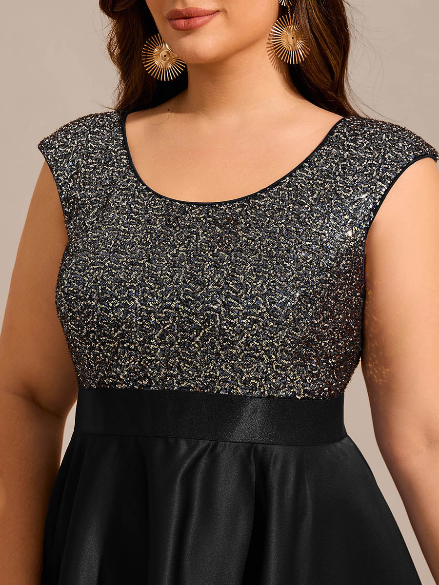 Color=Black | Plus Size Elegant Round Neck Asymmetrical Hem Sequin Contrast Satin Dresses with Raglan Sleeves-Black 10