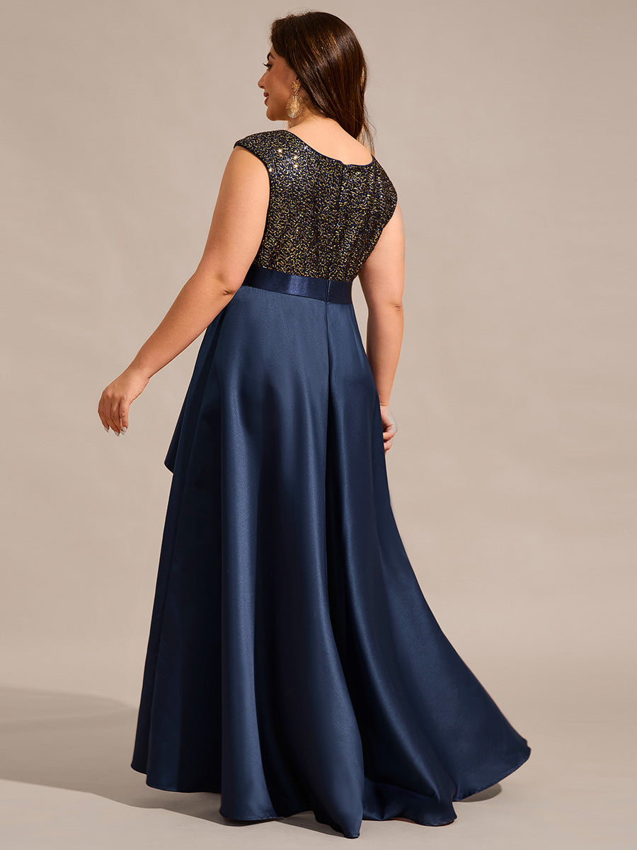 Color=Navy Blue | Plus Size Elegant Round Neck Asymmetrical Hem Sequin Contrast Satin Dresses with Raglan Sleeves-Navy Blue 12