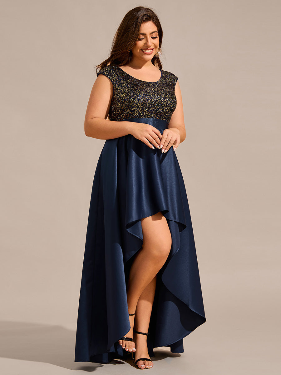 Color=Navy Blue | Plus Size Elegant Round Neck Asymmetrical Hem Sequin Contrast Satin Dresses with Raglan Sleeves-Navy Blue 13