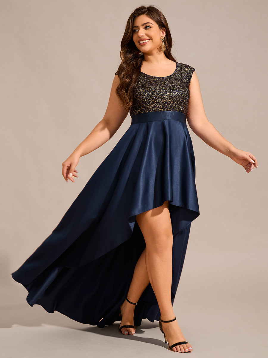 Color=Navy Blue | Plus Size Elegant Round Neck Asymmetrical Hem Sequin Contrast Satin Dresses with Raglan Sleeves-Navy Blue 14