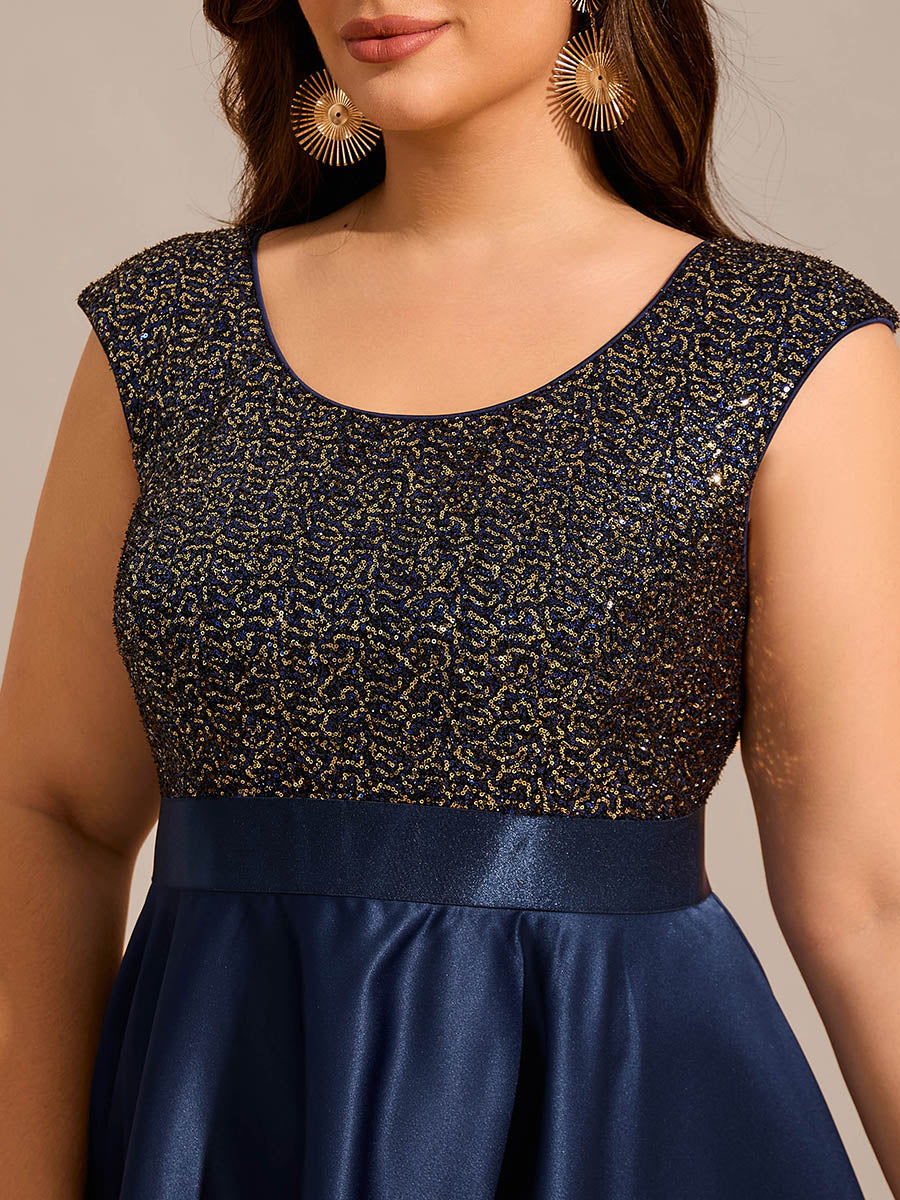 Color=Navy Blue | Plus Size Elegant Round Neck Asymmetrical Hem Sequin Contrast Satin Dresses with Raglan Sleeves-Navy Blue 15