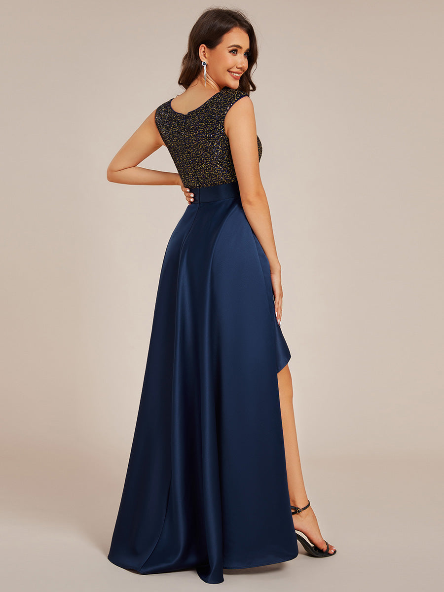 Elegant Round Neck Asymmetrical Hem Sequin Contrast Satin Dresses with Raglan Sleeves